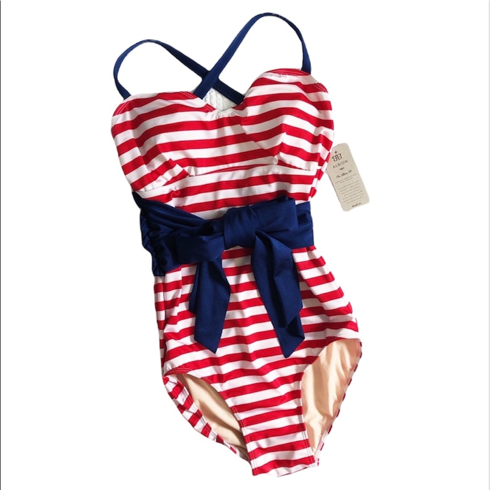 New ALBION Striped Wrap One Piece Swimsuit Red White Blue M